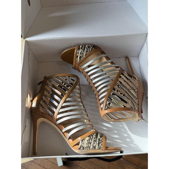 Nine West SZ 7 in Box Tan Leather 4" STILLETO Heel PEEP TOE Snakeskin Metallic - Picture 13 of 16